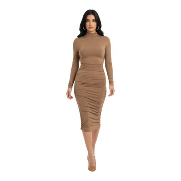 Babaton Dresses & Skirts - TEN by Babaton Small Tan Long Sleeve Mock Neck Ruch Detail Bodycon Dress